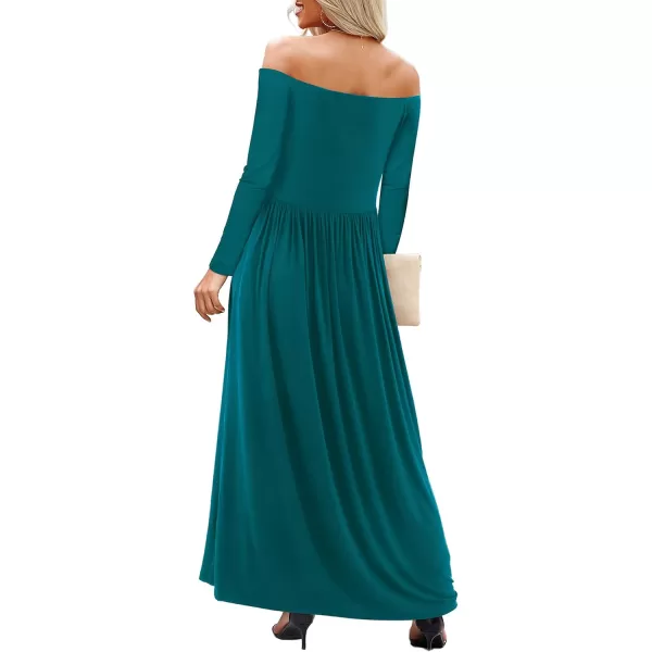 Amoretu Dresses for Women Long Sleeve Off Shoulder Maxi Flowy Casual Loose Plain Dress with PocketsDark Green