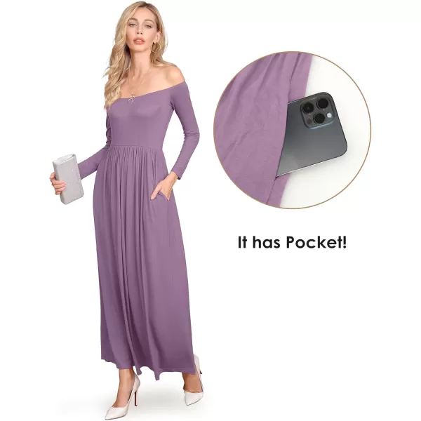 Amoretu Dresses for Women Long Sleeve Off Shoulder Maxi Flowy Casual Loose Plain Dress with PocketsMauve