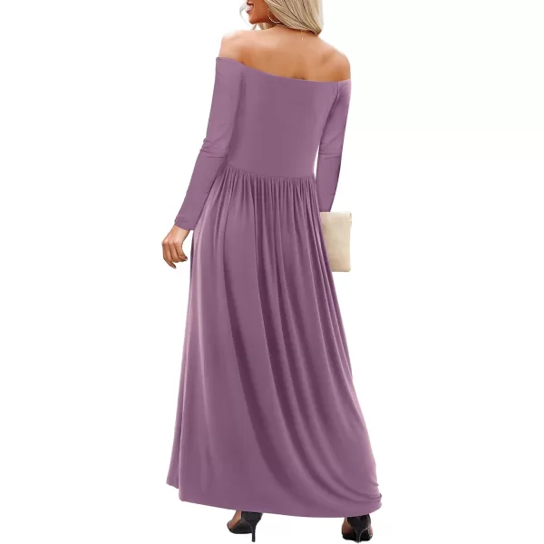 Amoretu Dresses for Women Long Sleeve Off Shoulder Maxi Flowy Casual Loose Plain Dress with PocketsMauve