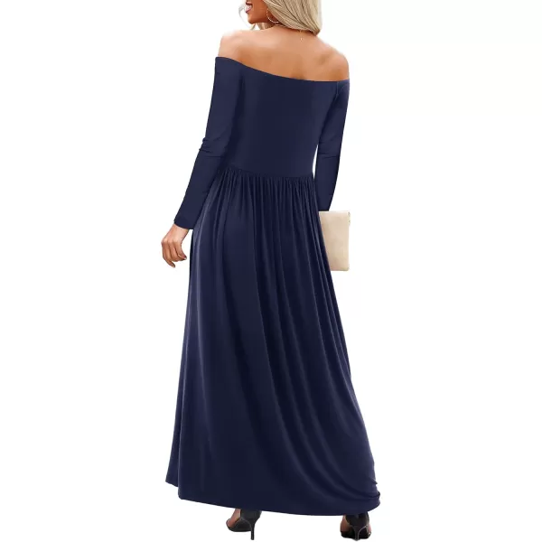 Amoretu Dresses for Women Long Sleeve Off Shoulder Maxi Flowy Casual Loose Plain Dress with PocketsNavy Blue