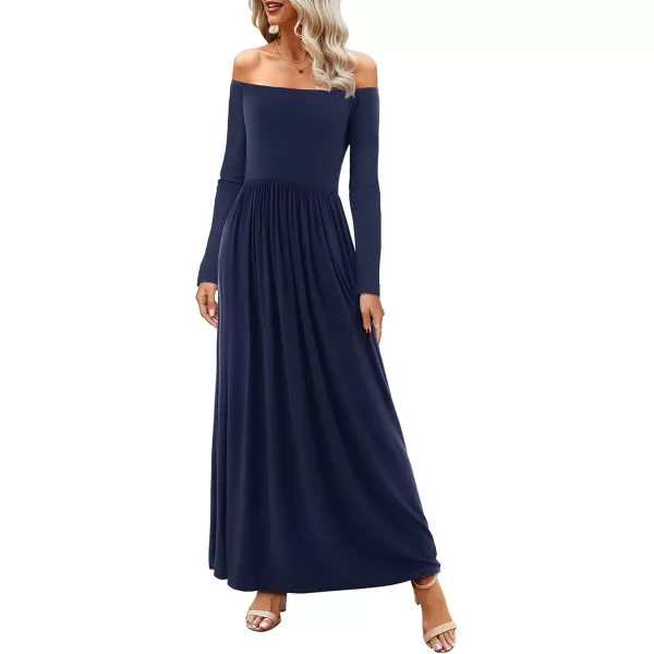 Amoretu Dresses for Women Long Sleeve Off Shoulder Maxi Flowy Casual Loose Plain Dress with PocketsNavy Blue