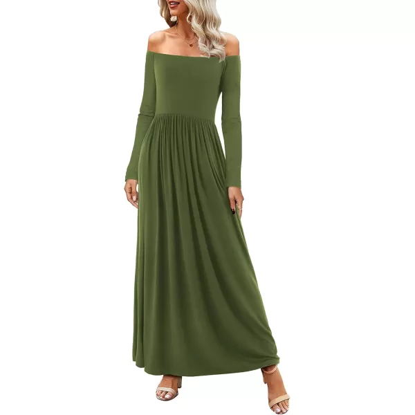 Amoretu Dresses for Women Long Sleeve Off Shoulder Maxi Flowy Casual Loose Plain Dress with PocketsOlive Green