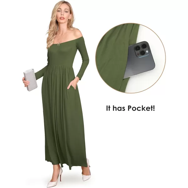 Amoretu Dresses for Women Long Sleeve Off Shoulder Maxi Flowy Casual Loose Plain Dress with PocketsOlive Green