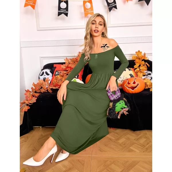 Amoretu Dresses for Women Long Sleeve Off Shoulder Maxi Flowy Casual Loose Plain Dress with PocketsOlive Green