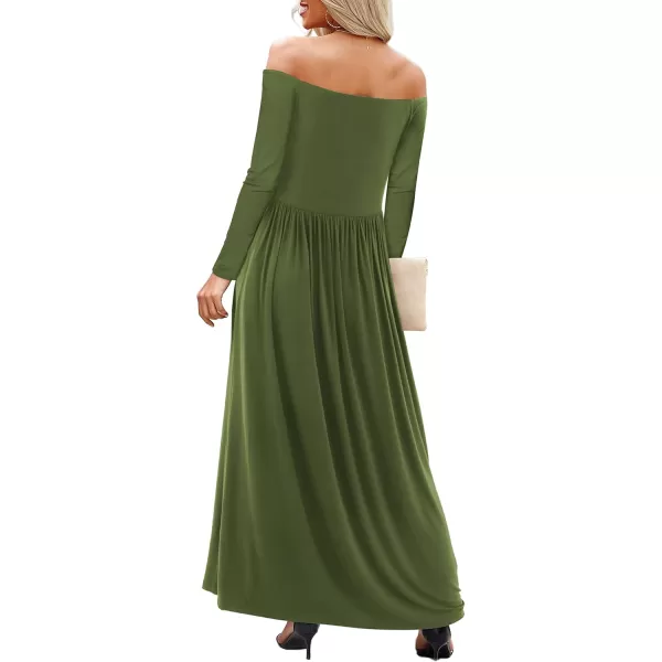 Amoretu Dresses for Women Long Sleeve Off Shoulder Maxi Flowy Casual Loose Plain Dress with PocketsOlive Green