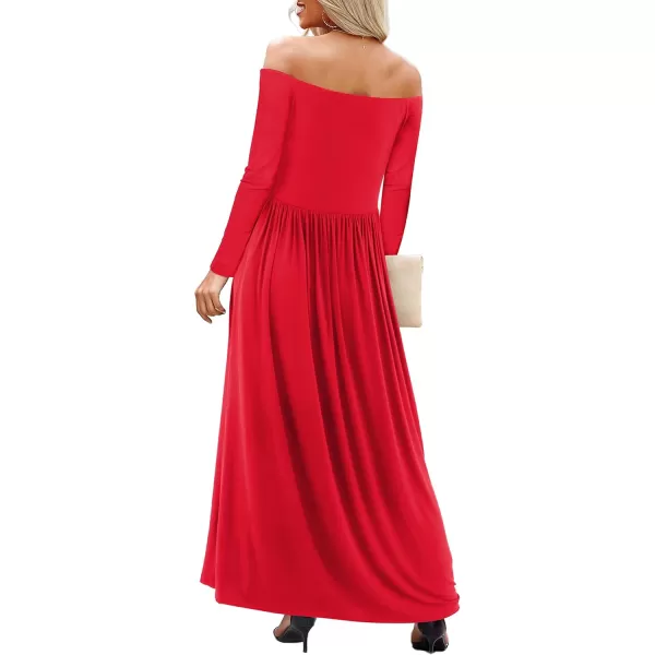 Amoretu Dresses for Women Long Sleeve Off Shoulder Maxi Flowy Casual Loose Plain Dress with PocketsRed