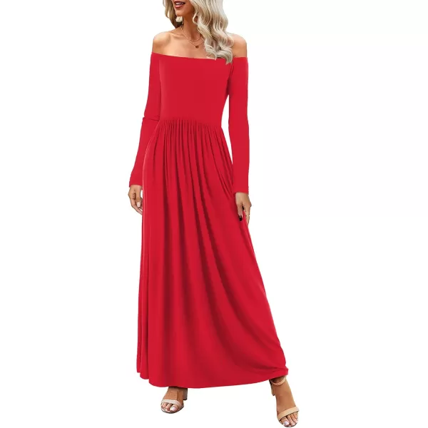 Amoretu Dresses for Women Long Sleeve Off Shoulder Maxi Flowy Casual Loose Plain Dress with PocketsRed