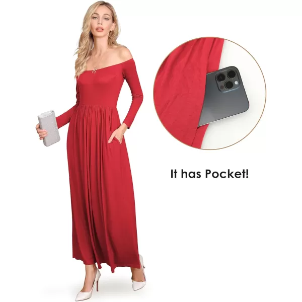 Amoretu Dresses for Women Long Sleeve Off Shoulder Maxi Flowy Casual Loose Plain Dress with PocketsRed