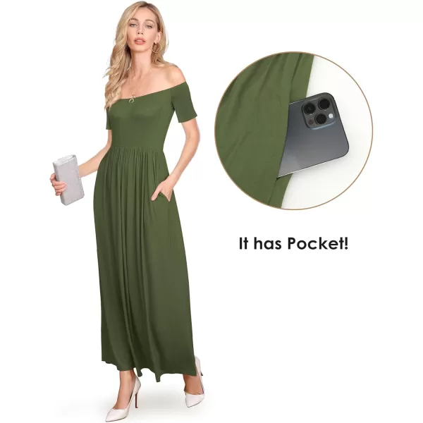 Amoretu Dresses for Women Short Sleeve Off Shoulder Maxi Flowy Casual Loose Plain Dress with PocketsOlive Green