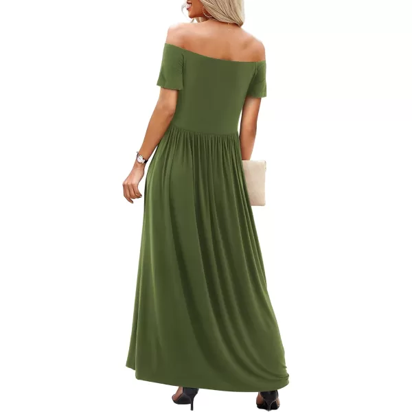 Amoretu Dresses for Women Short Sleeve Off Shoulder Maxi Flowy Casual Loose Plain Dress with PocketsOlive Green