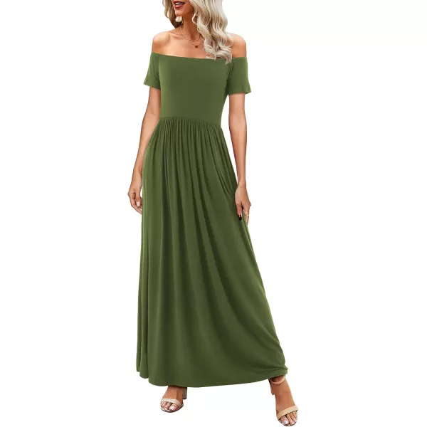 Amoretu Dresses for Women Short Sleeve Off Shoulder Maxi Flowy Casual Loose Plain Dress with PocketsOlive Green