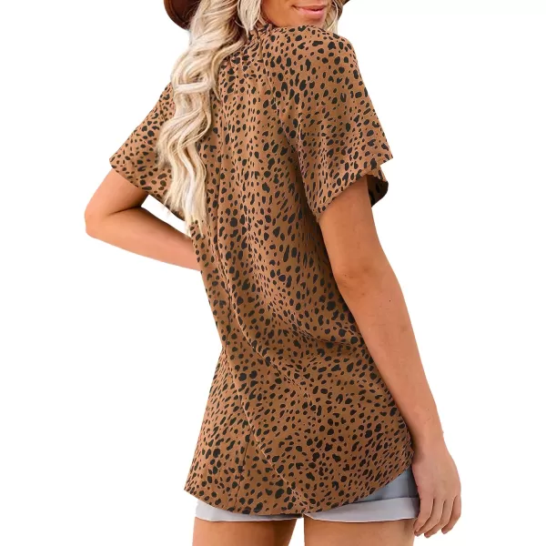 Amoretu Women Leopard Print Shirts Mock Neck Short Sleeve Blouse Work TopsBrown Short Sleeve