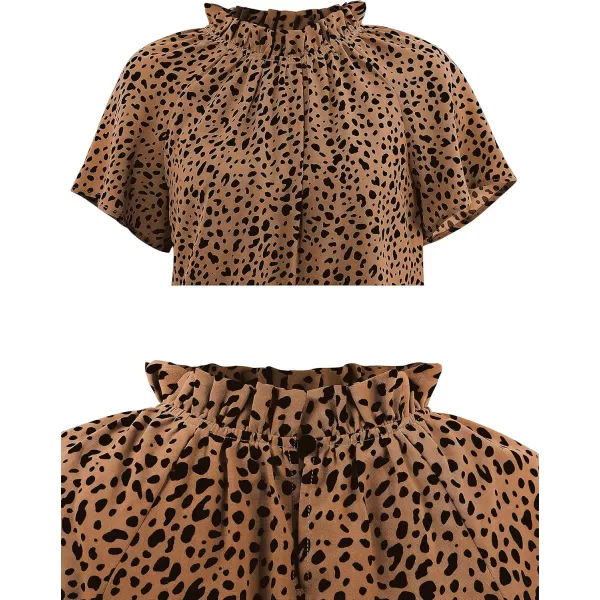 Amoretu Women Leopard Print Shirts Mock Neck Short Sleeve Blouse Work TopsBrown Short Sleeve