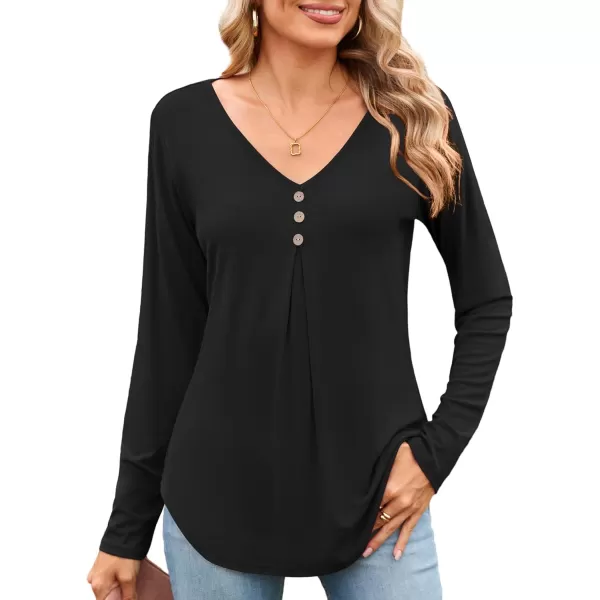 Amoretu Women Long Sleeve Tunic Tops V Neck Button Pleated Shirts Casual Loose Fit Tee BlouseBlack
