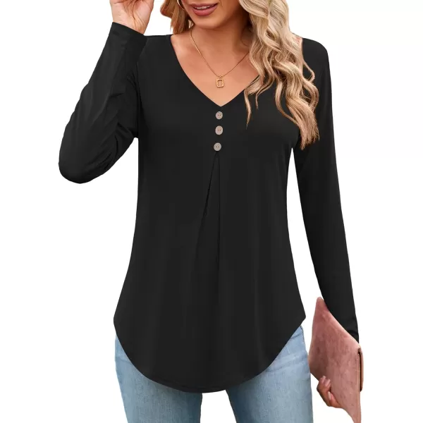 Amoretu Women Long Sleeve Tunic Tops V Neck Button Pleated Shirts Casual Loose Fit Tee BlouseBlack