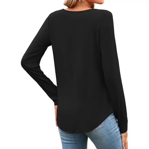 Amoretu Women Long Sleeve Tunic Tops V Neck Button Pleated Shirts Casual Loose Fit Tee BlouseBlack