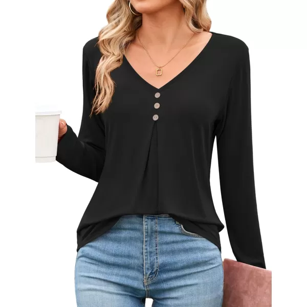 Amoretu Women Long Sleeve Tunic Tops V Neck Button Pleated Shirts Casual Loose Fit Tee BlouseBlack