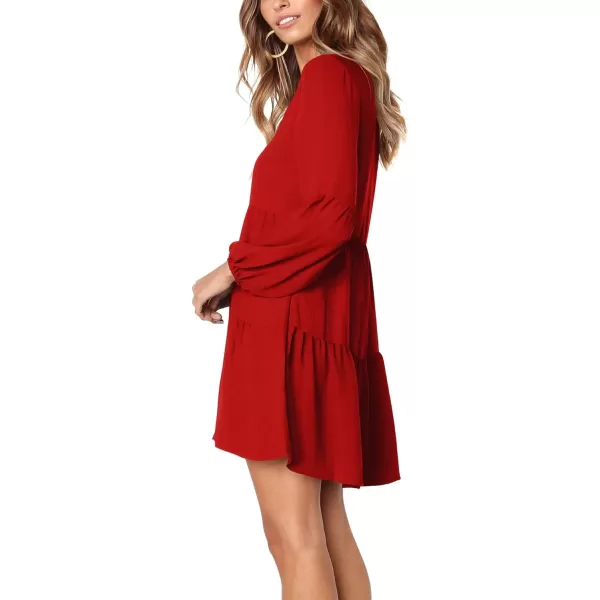 Amoretu Women Summer Tunic Dress V Neck Casual Loose Flowy Swing Shift DressRed
