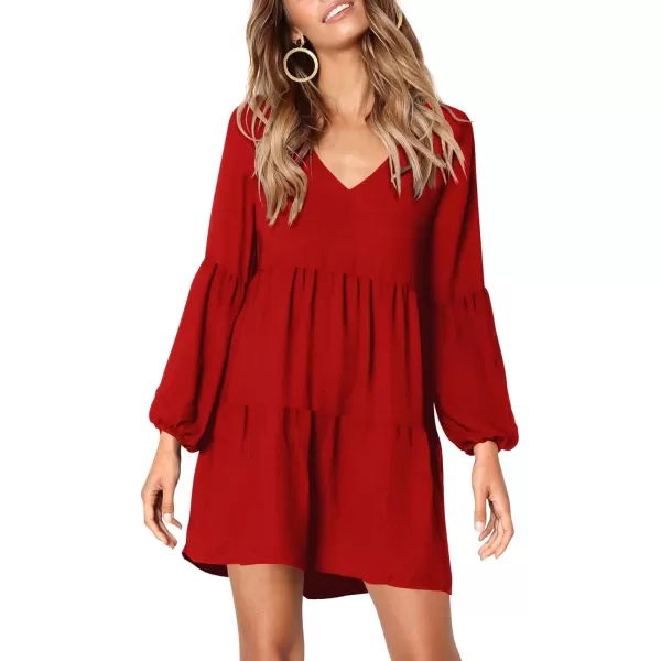 Amoretu Women Summer Tunic Dress V Neck Casual Loose Flowy Swing Shift DressRed