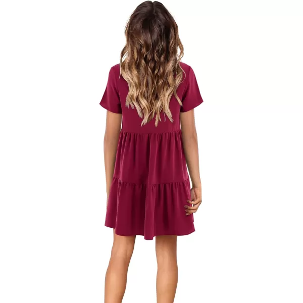 Amoretu Women Summer Tunic Dress V Neck Short Sleeve Casual Loose Flowy Swing Shift DressesBurgundy