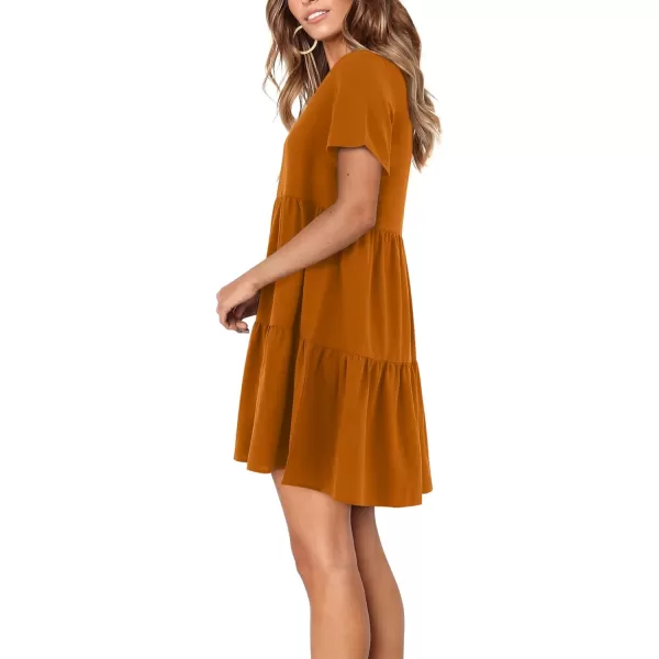 Amoretu Women Summer Tunic Dress V Neck Short Sleeve Casual Loose Flowy Swing Shift DressesCaramel