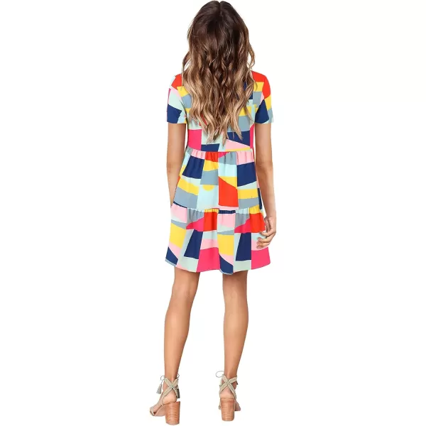 Amoretu Women Summer Tunic Dress V Neck Short Sleeve Casual Loose Flowy Swing Shift DressesMulticolored Plaid