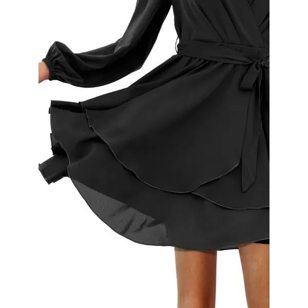 Amoretu Womens 2024 Summer Wrap Dress Long Sleeve Casual V Neck Ruffle Mini DressesBlack