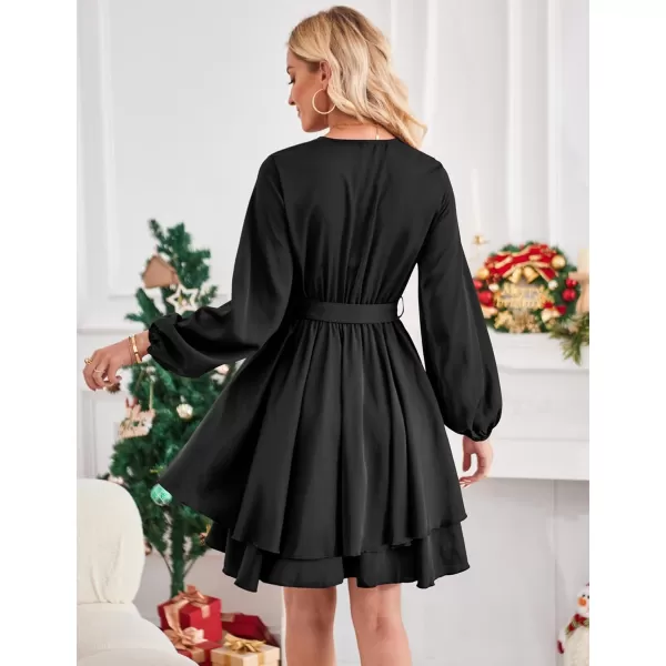 Amoretu Womens 2024 Summer Wrap Dress Long Sleeve Casual V Neck Ruffle Mini DressesBlack