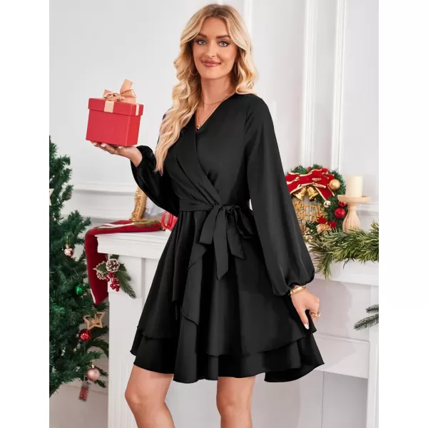Amoretu Womens 2024 Summer Wrap Dress Long Sleeve Casual V Neck Ruffle Mini DressesBlack