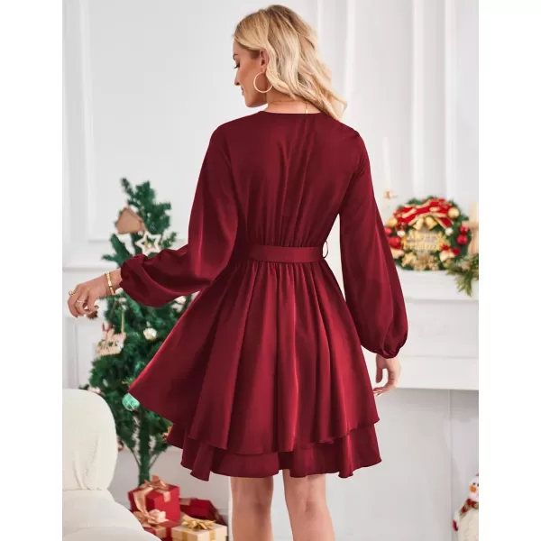 Amoretu Womens 2024 Summer Wrap Dress Long Sleeve Casual V Neck Ruffle Mini DressesBurgundy