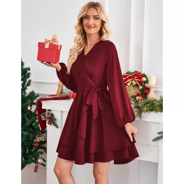 Amoretu Womens 2024 Summer Wrap Dress Long Sleeve Casual V Neck Ruffle Mini DressesBurgundy