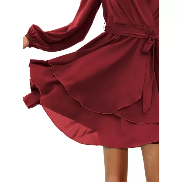 Amoretu Womens 2024 Summer Wrap Dress Long Sleeve Casual V Neck Ruffle Mini DressesBurgundy
