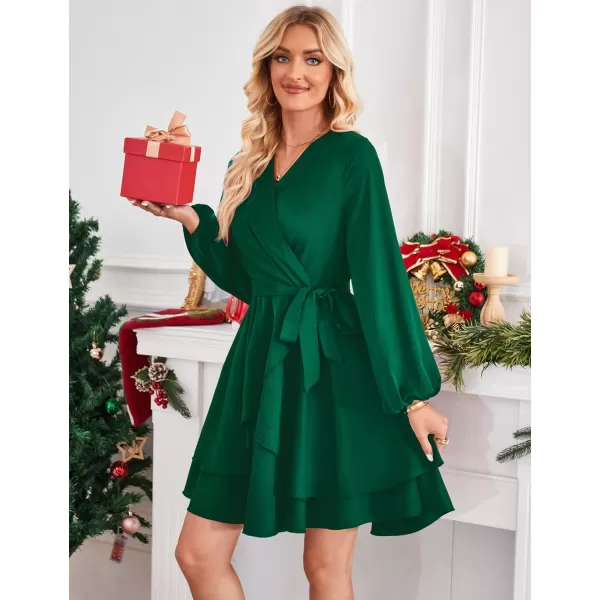 Amoretu Womens 2024 Summer Wrap Dress Long Sleeve Casual V Neck Ruffle Mini DressesGreen