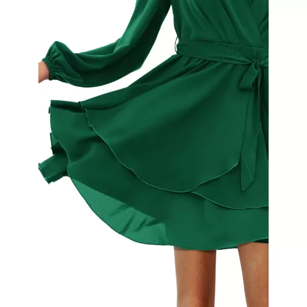 Amoretu Womens 2024 Summer Wrap Dress Long Sleeve Casual V Neck Ruffle Mini DressesGreen
