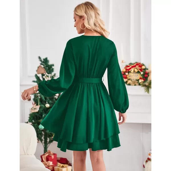 Amoretu Womens 2024 Summer Wrap Dress Long Sleeve Casual V Neck Ruffle Mini DressesGreen