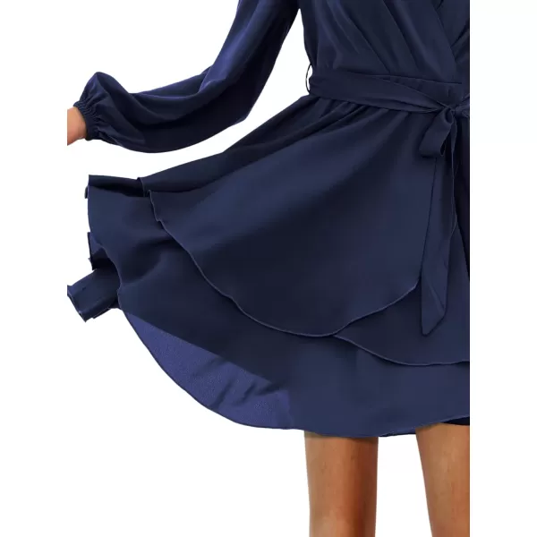 Amoretu Womens 2024 Summer Wrap Dress Long Sleeve Casual V Neck Ruffle Mini DressesNavy