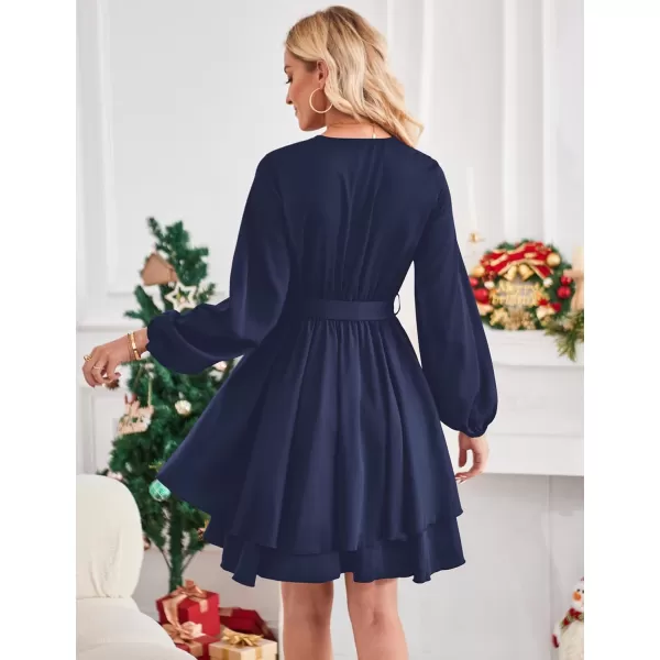 Amoretu Womens 2024 Summer Wrap Dress Long Sleeve Casual V Neck Ruffle Mini DressesNavy