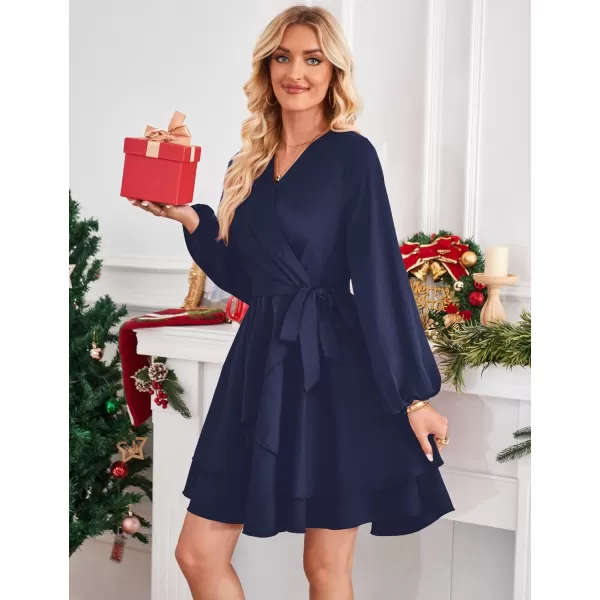 Amoretu Womens 2024 Summer Wrap Dress Long Sleeve Casual V Neck Ruffle Mini DressesNavy