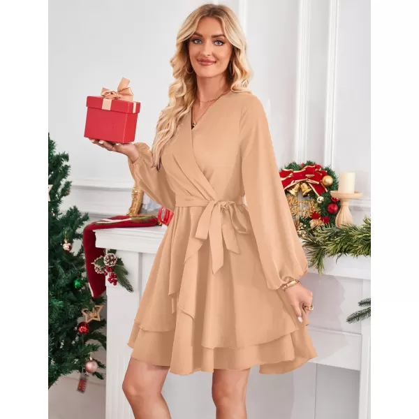 Amoretu Womens 2024 Summer Wrap Dress Long Sleeve Casual V Neck Ruffle Mini DressesPink