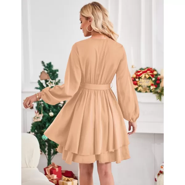 Amoretu Womens 2024 Summer Wrap Dress Long Sleeve Casual V Neck Ruffle Mini DressesPink