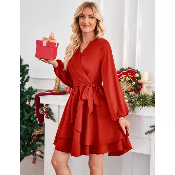 Amoretu Womens 2024 Summer Wrap Dress Long Sleeve Casual V Neck Ruffle Mini DressesRed