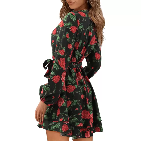 Amoretu Womens 2024 Summer Wrap Dress Long Sleeve Casual V Neck Ruffle Mini DressesRed Floral