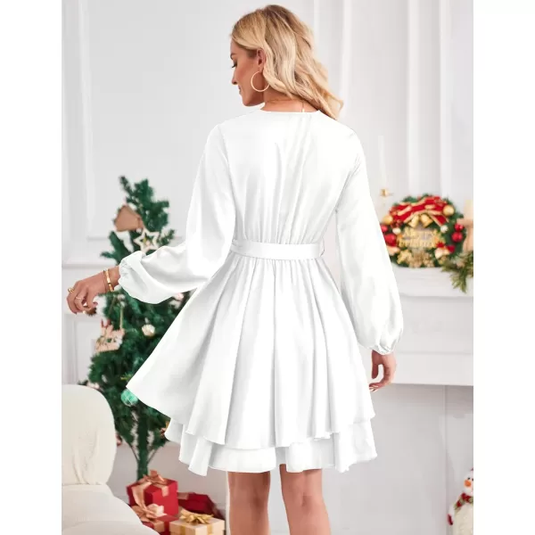 Amoretu Womens 2024 Summer Wrap Dress Long Sleeve Casual V Neck Ruffle Mini DressesWhite