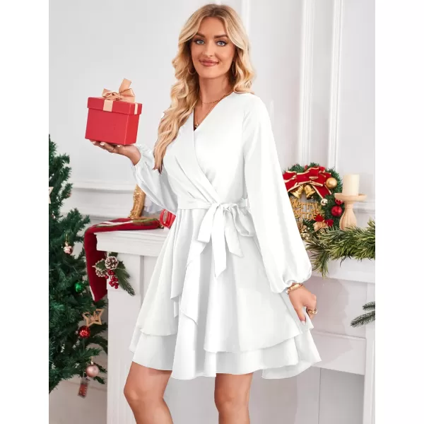 Amoretu Womens 2024 Summer Wrap Dress Long Sleeve Casual V Neck Ruffle Mini DressesWhite