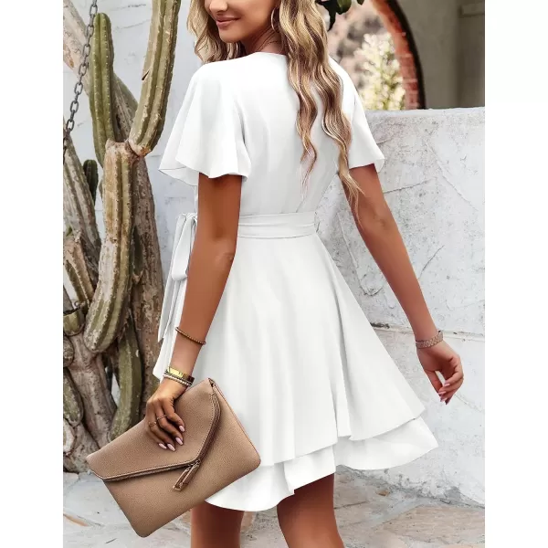 Amoretu Womens 2024 Summer Wrap Dress Short Sleeve Casual V Neck Ruffle Mini DressesAll White