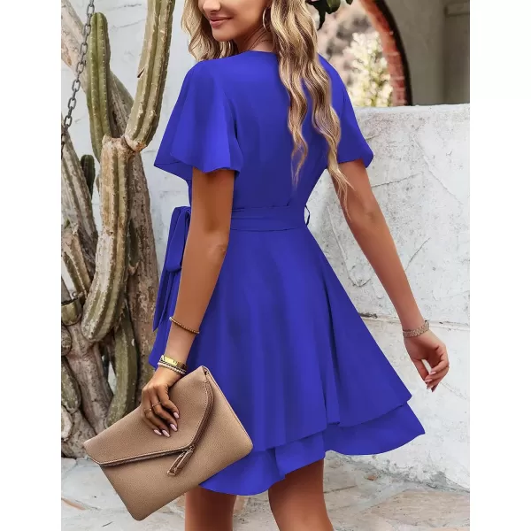 Amoretu Womens 2024 Summer Wrap Dress Short Sleeve Casual V Neck Ruffle Mini DressesBlue