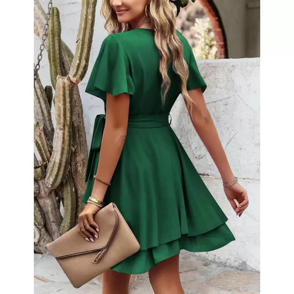 Amoretu Womens 2024 Summer Wrap Dress Short Sleeve Casual V Neck Ruffle Mini DressesGreen