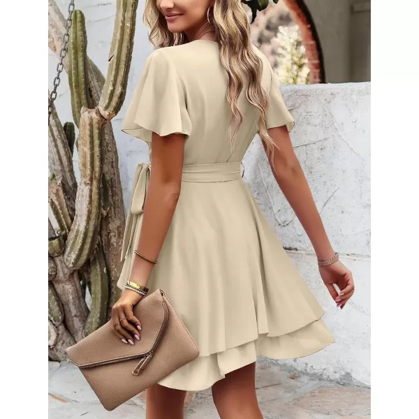 Amoretu Womens 2024 Summer Wrap Dress Short Sleeve Casual V Neck Ruffle Mini DressesKhaki