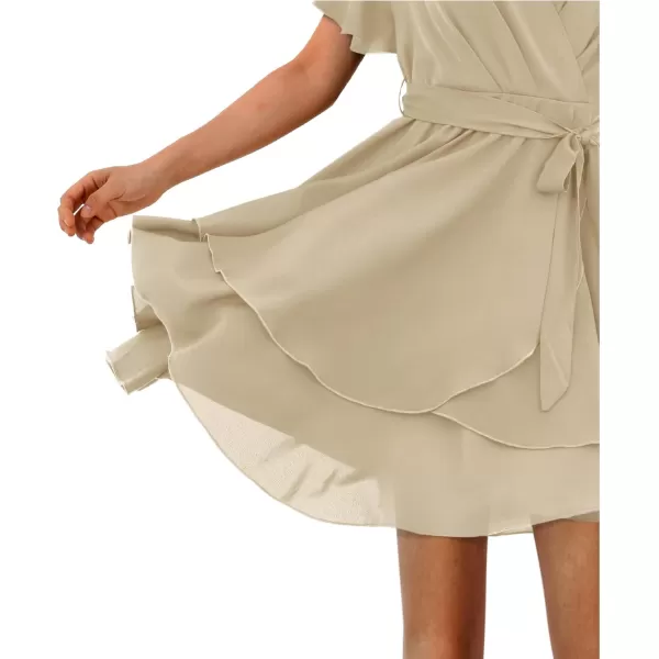 Amoretu Womens 2024 Summer Wrap Dress Short Sleeve Casual V Neck Ruffle Mini DressesKhaki