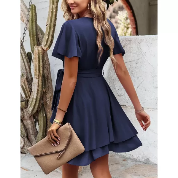 Amoretu Womens 2024 Summer Wrap Dress Short Sleeve Casual V Neck Ruffle Mini DressesNavy
